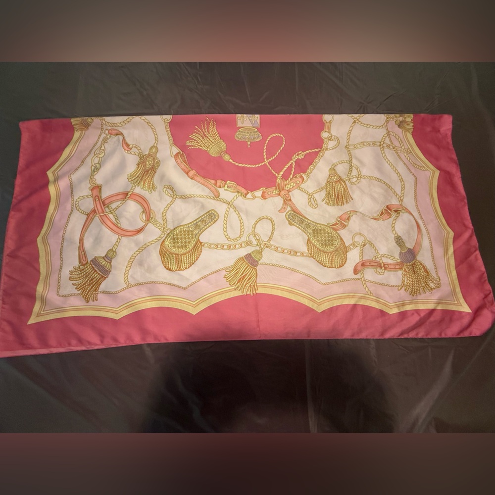 Vintage Pink/Gold Silk Hairbrush and Tassel Print Square Scarf Wrap 34x34” - Picture 7 of 8